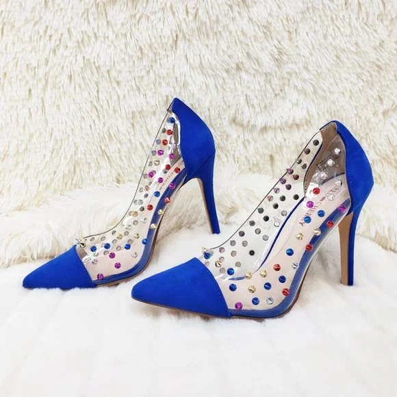 Gigi 09 Blue Multi Color Spiked Stiletto High Heel Shoes Pumps - Picture 9 of 9